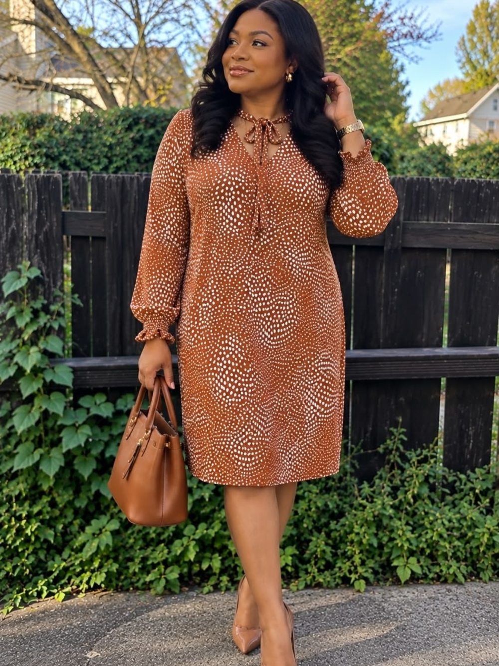 MASSINI Polka Dot Mini Dress in Brown & White Size Medium